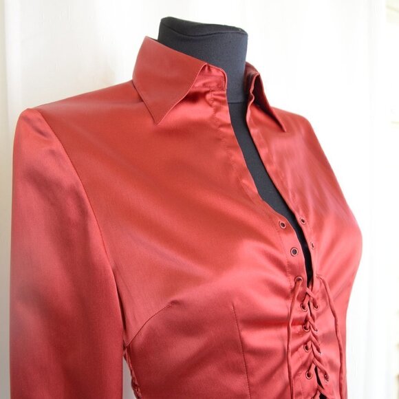 Vintage Y2K Le Chateau Cherry Red Satin Corset Blouse Sz XS - Picture 4 of 7